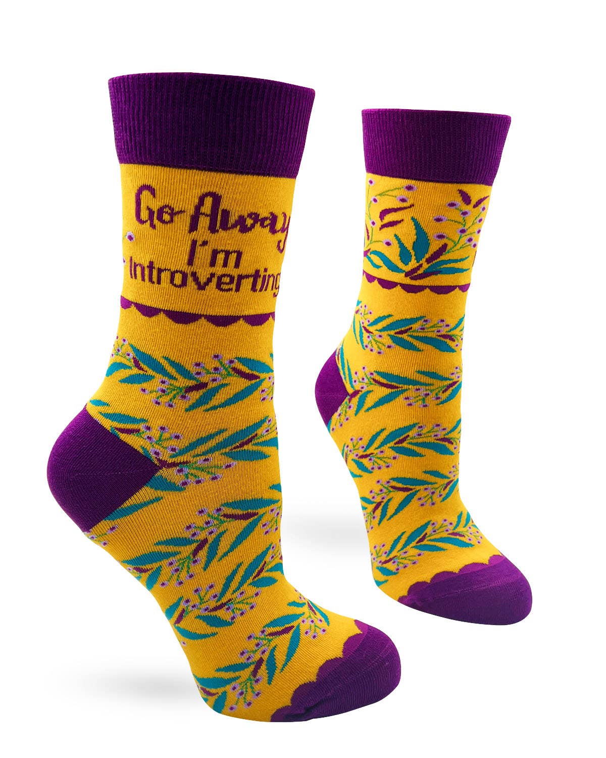 Yellow socks with purple accents and floral design on a white background