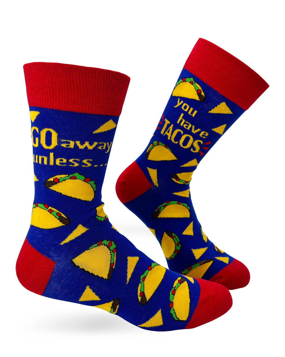 Blue socks with taco design and red accents on a white background
