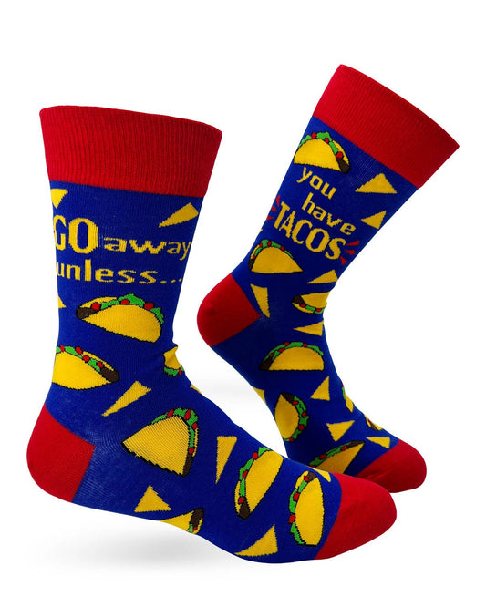 Blue socks with taco design and red accents on a white background