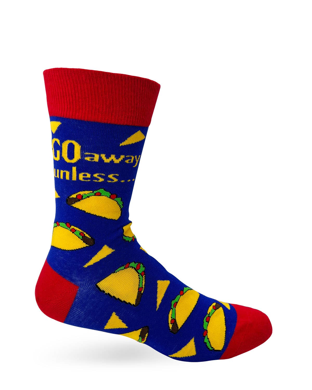 Sock with taco design and text on a white background