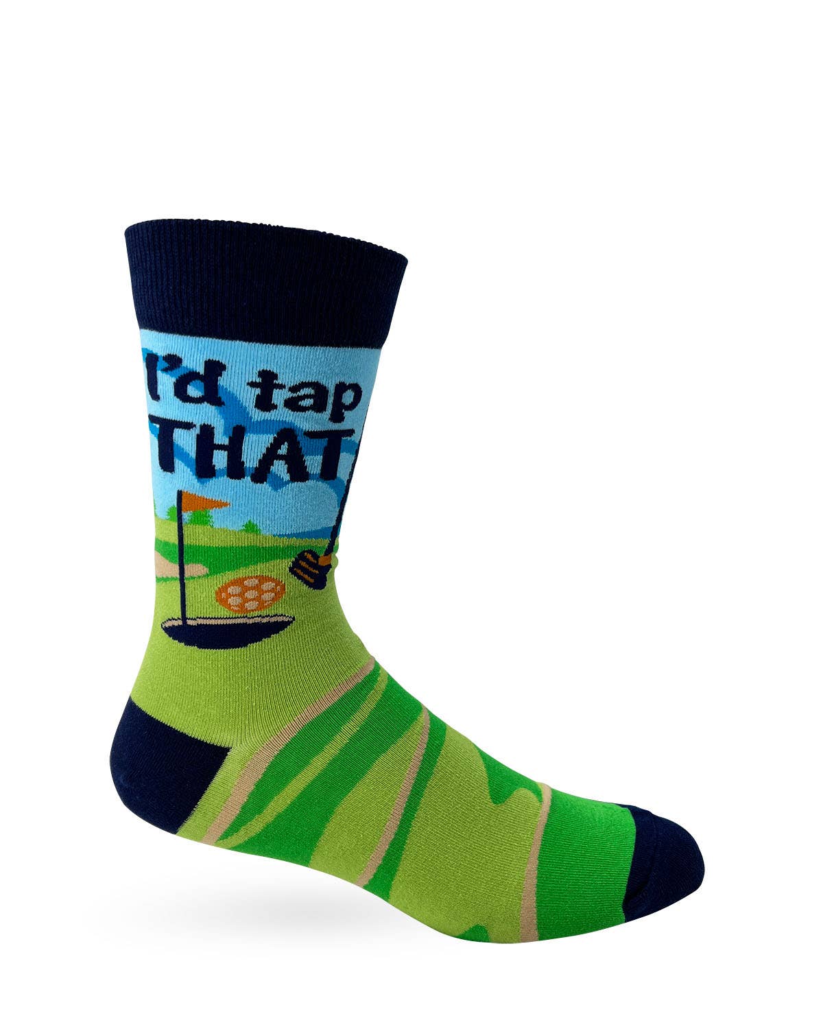 Golf-themed sock with 'I'd tap THAT' text on a white background