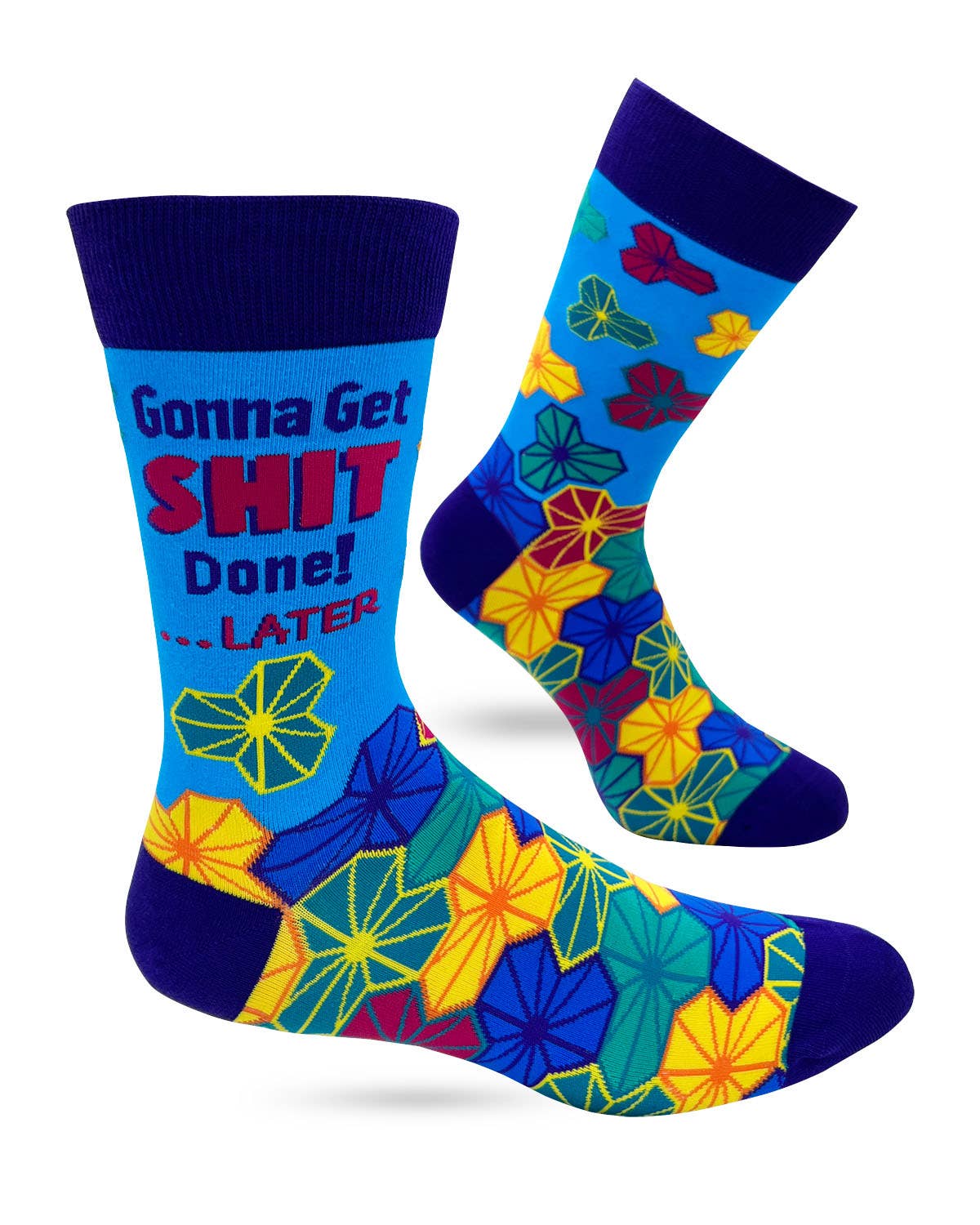 Colorful socks with floral patterns and text on a white background