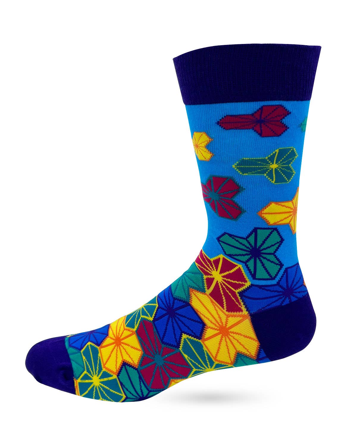 Colorful floral-patterned sock on a white background