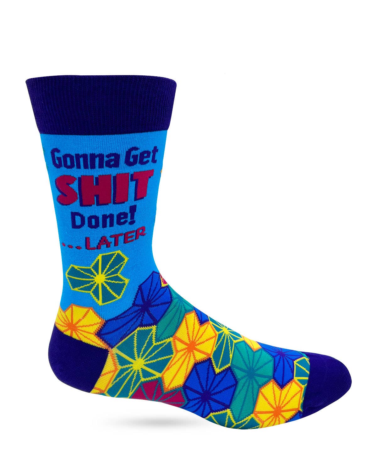 Colorful sock with text and floral patterns on a white background