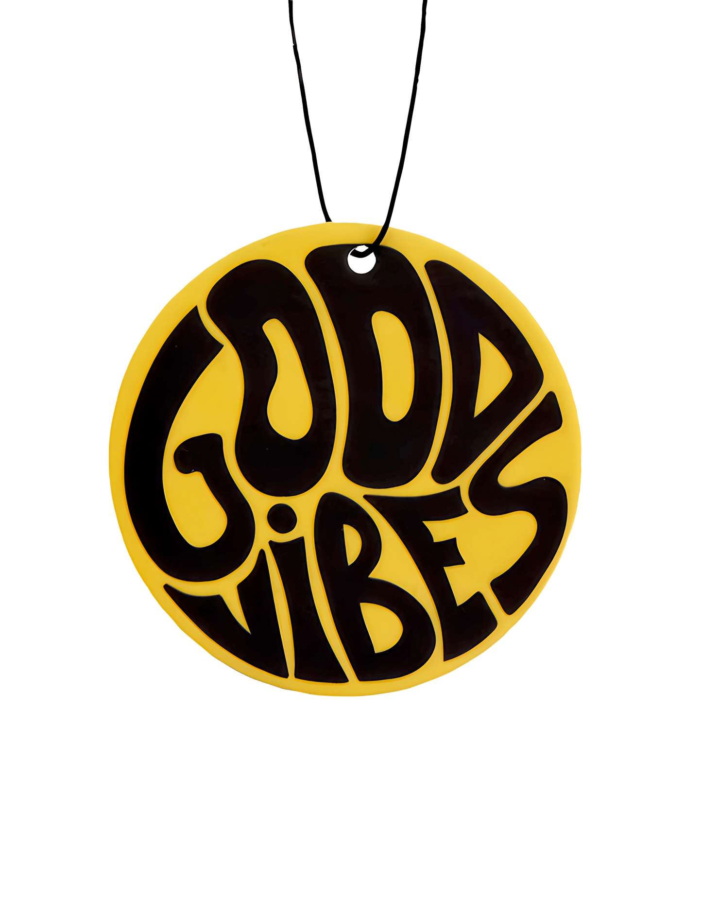 Round yellow and black 'Good Vibes' pendant on a white background