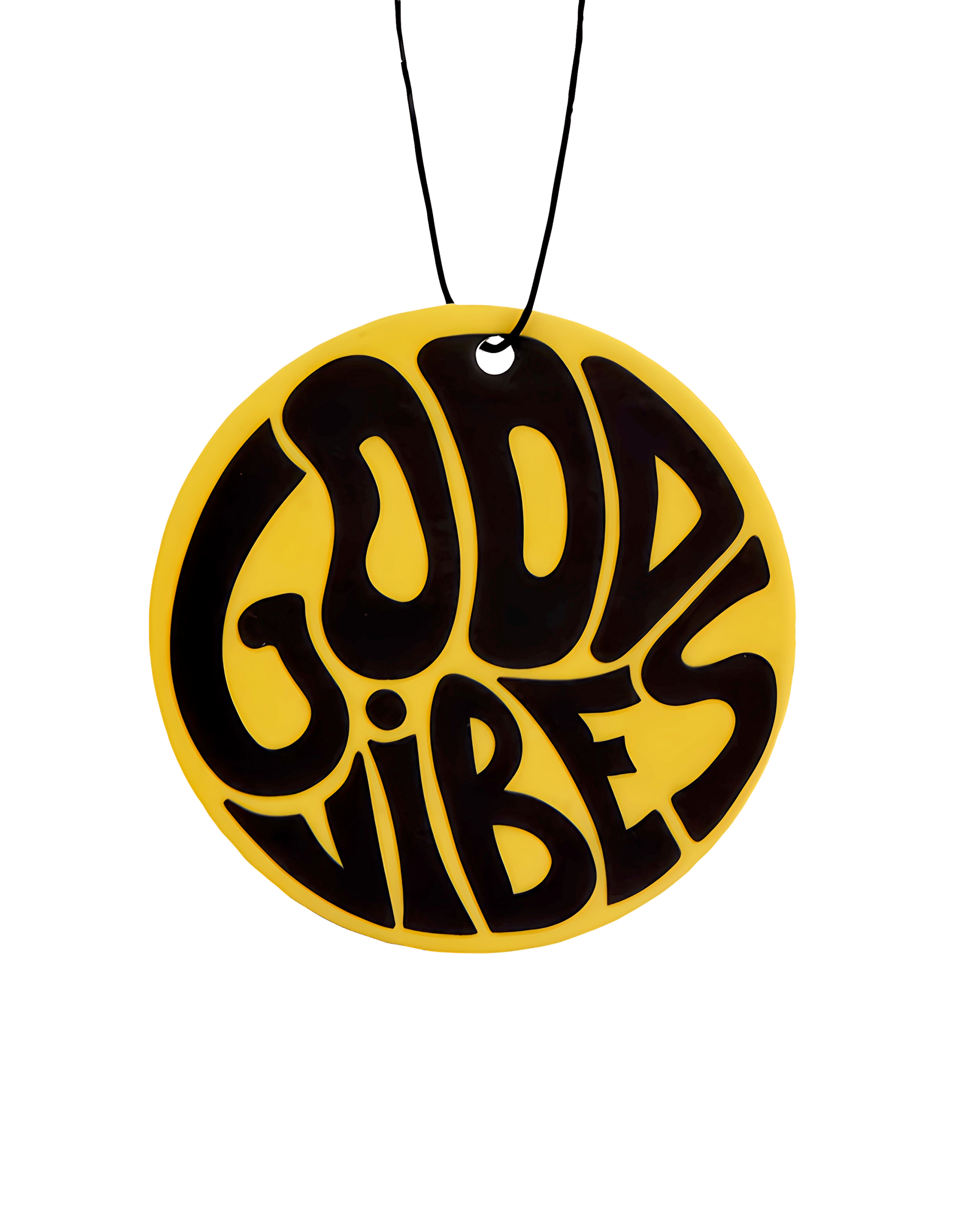 Round yellow and black 'Good Vibes' pendant on a white background