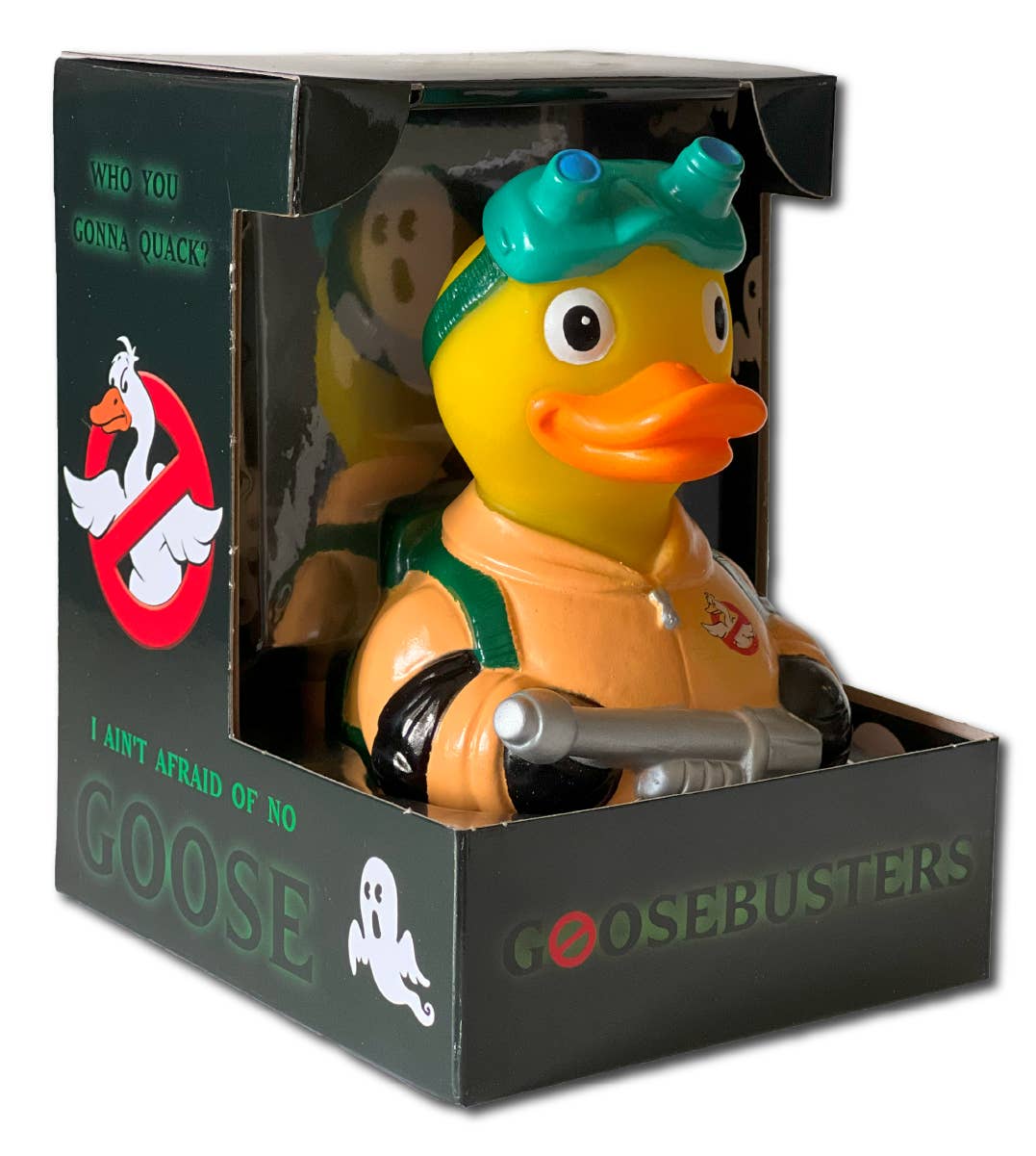 Toy duck in a 'Ghostbusters' costume with a box featuring the Ghostbusters logo.
