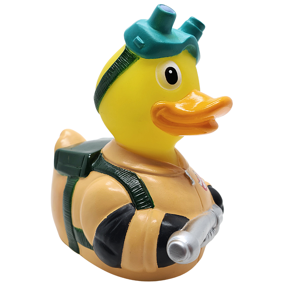 Rubber duck with a helmet and backpack on a white background