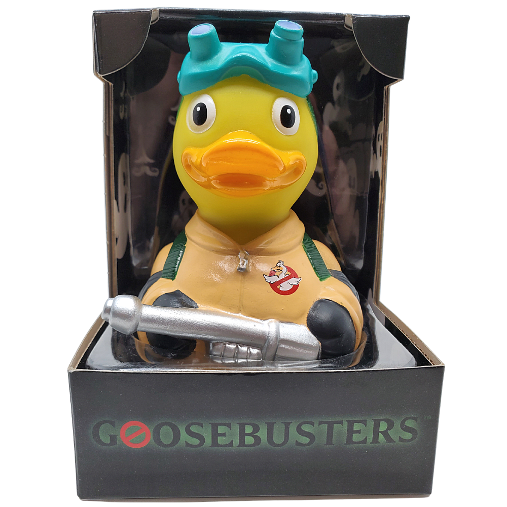 Toy duck in a Ghostbusters costume with a proton pack in packaging