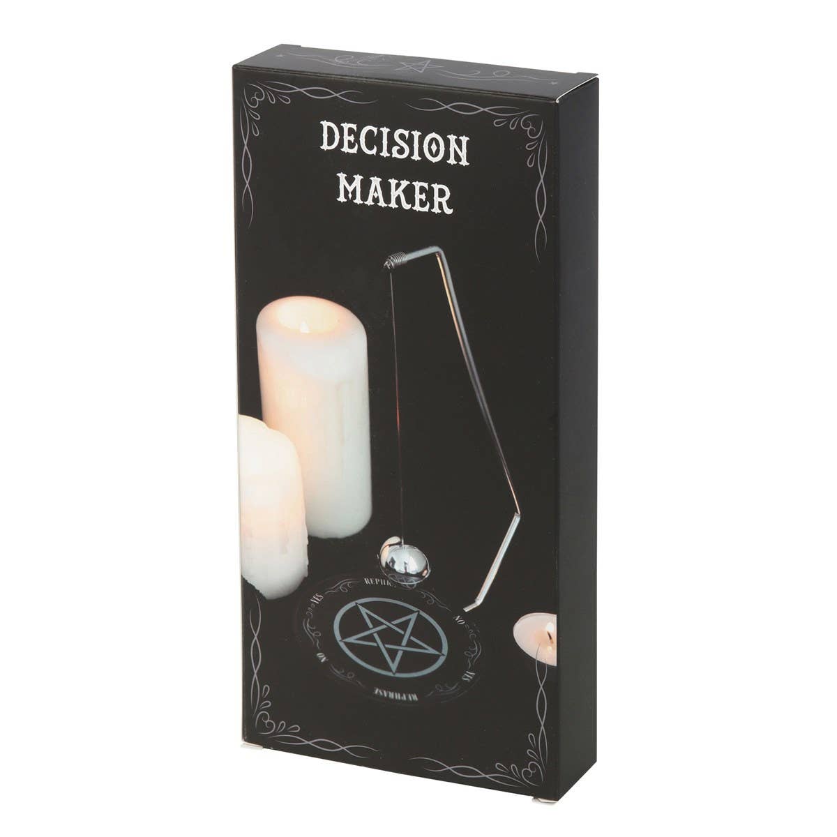 Box for a decision-making tool with candles and a pentacle symbol on a white background
