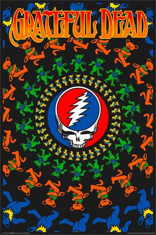 Grateful Dead poster with colorful dancing bears and skull emblem on a black background
