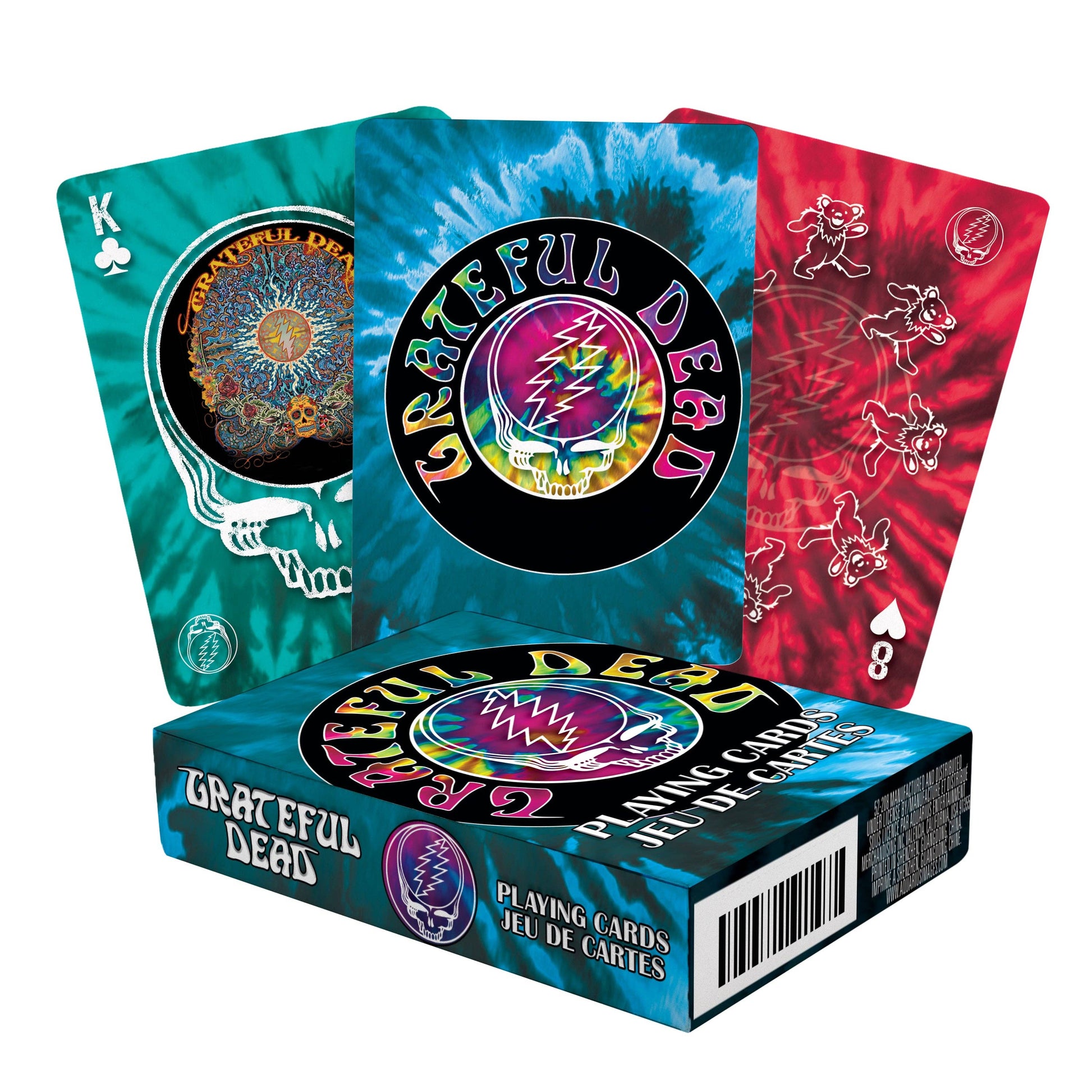 Grateful Dead playing cards with colorful designs on a white background