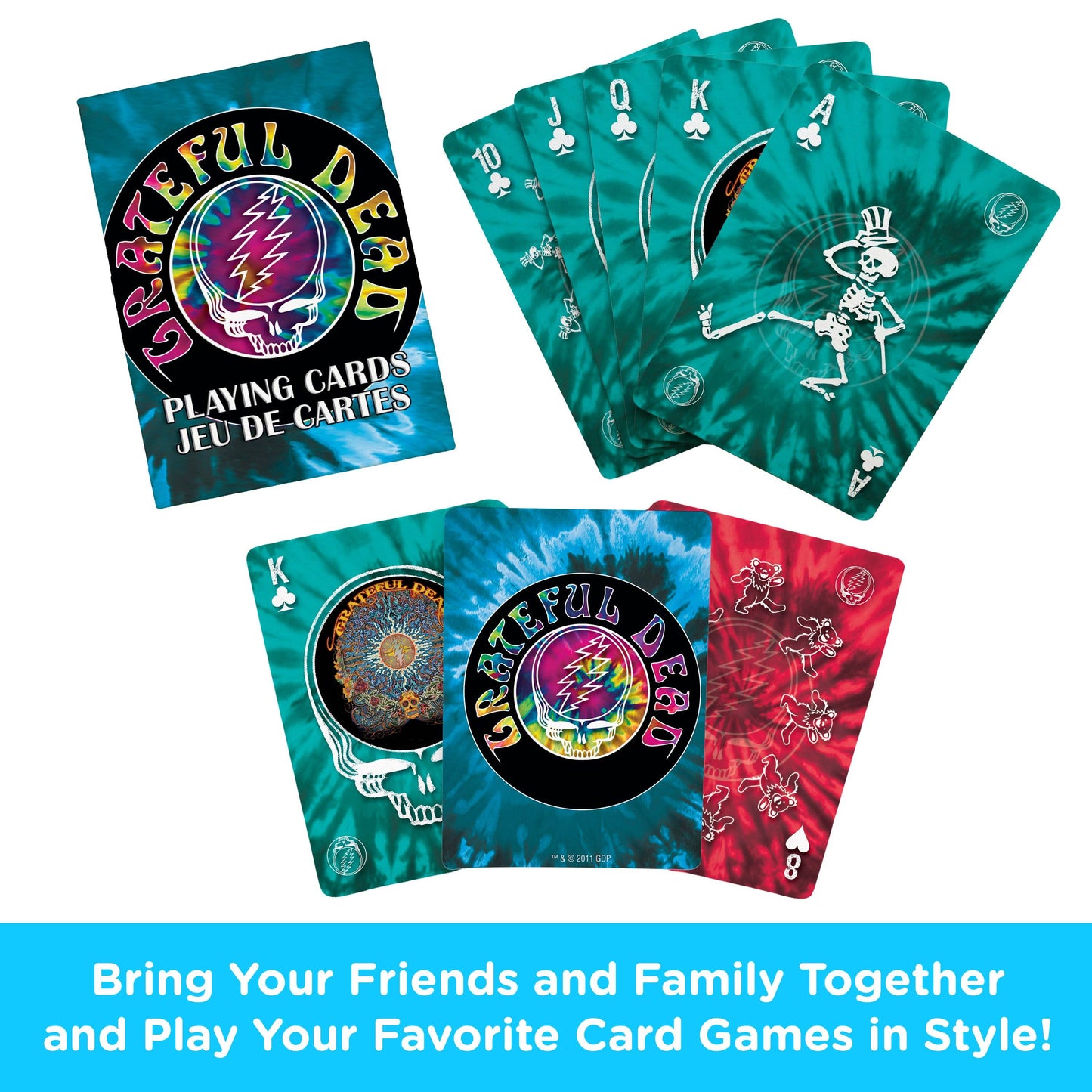 Set of Grateful Dead playing cards with colorful designs on a white background.