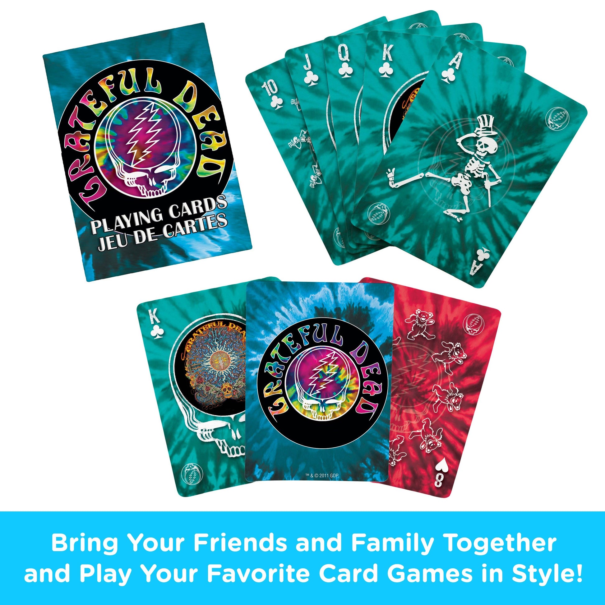 Set of Grateful Dead playing cards with colorful designs on a white background.