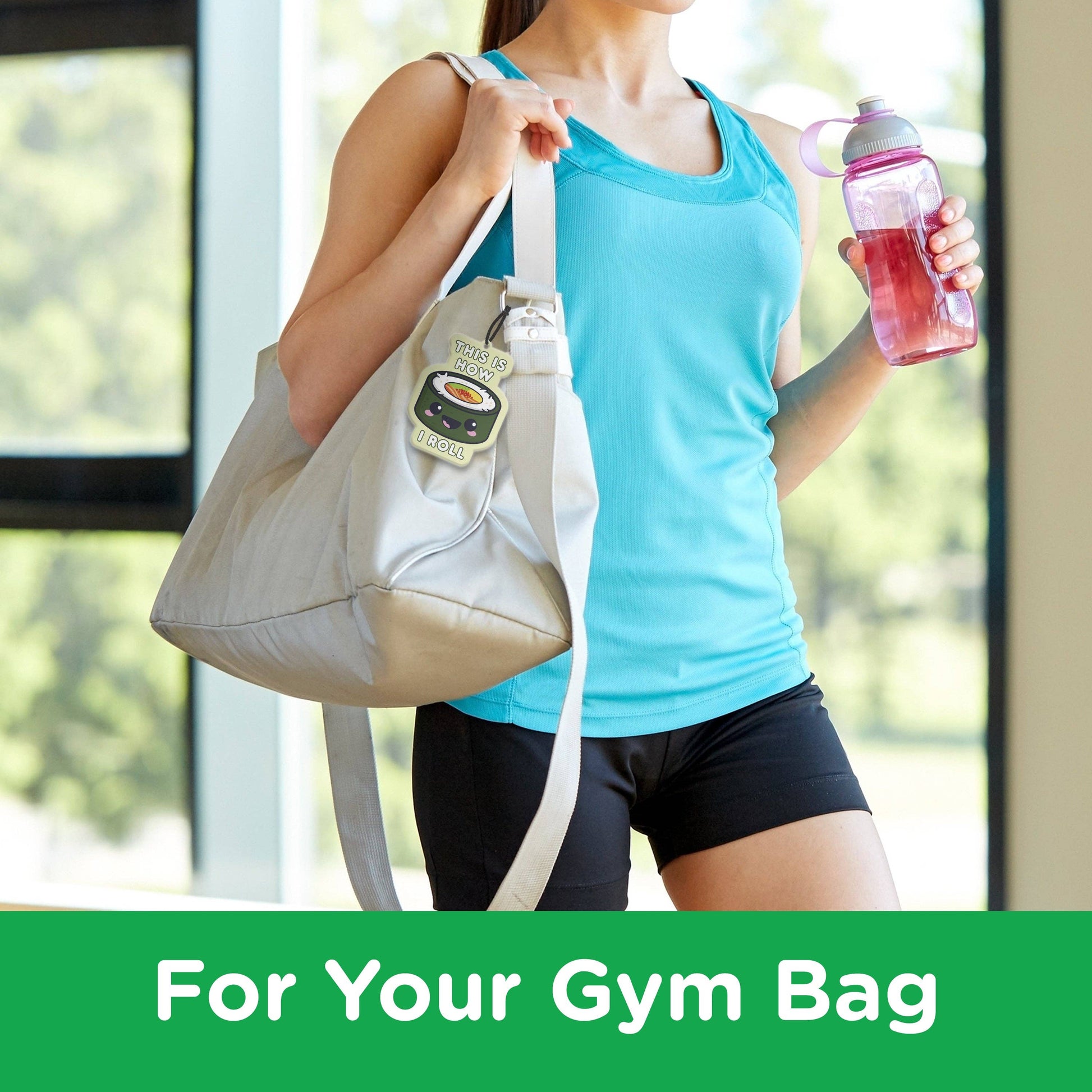 Woman holding a gym bag and water bottle with text 'For Your Gym Bag' at the bottom.