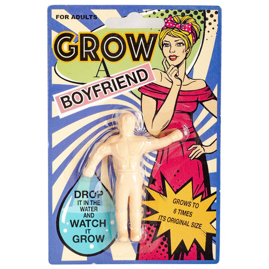 Product packaging for 'Grow a Boyfriend' toy with colorful design and text.
