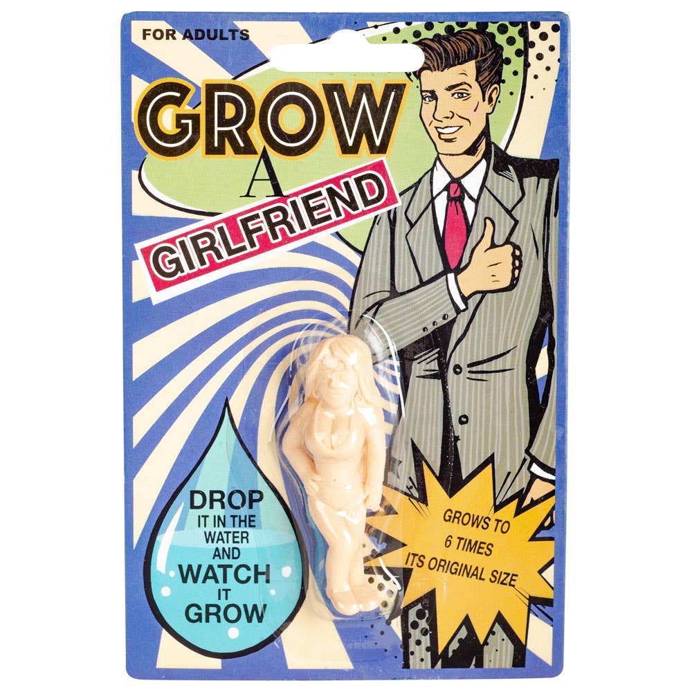 Product packaging for 'Grow a Girlfriend' with cartoon character and text on a blue background