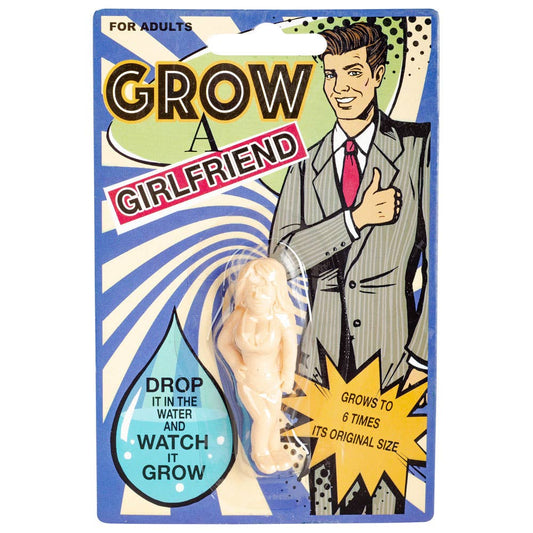 Product packaging for 'Grow a Girlfriend' with cartoon character and text on a blue background
