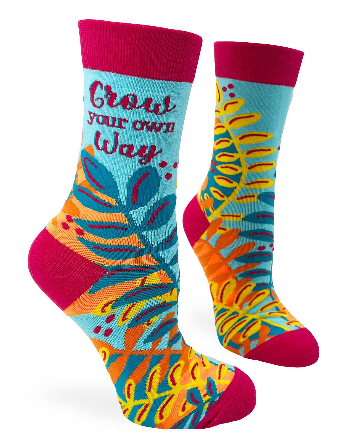 Colorful socks with leaf patterns and text on a white background