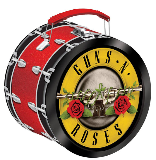 Guns N' Roses drum-shaped lunch box with red, black, and yellow design.