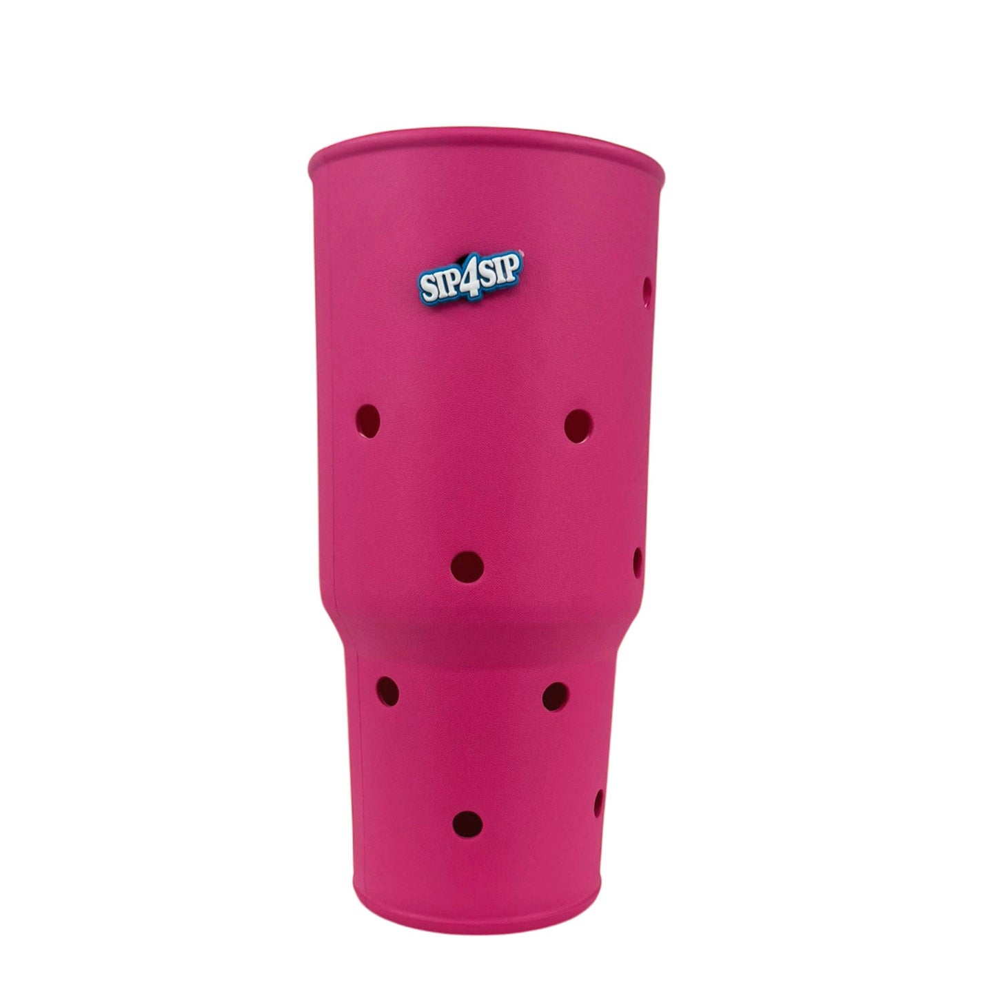 Pink cup with holes and 'Sip4Sip' logo on a white background