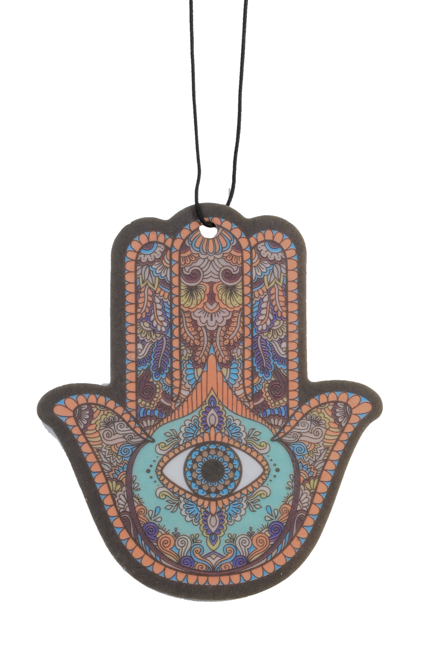 Decorative Hamsa hand hanging ornament with intricate patterns on a white background