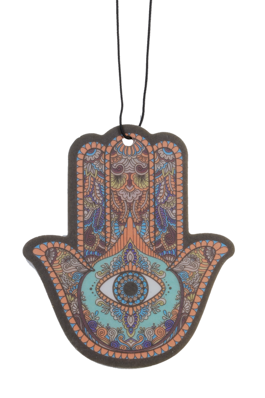 Decorative Hamsa hand hanging ornament with intricate patterns on a white background