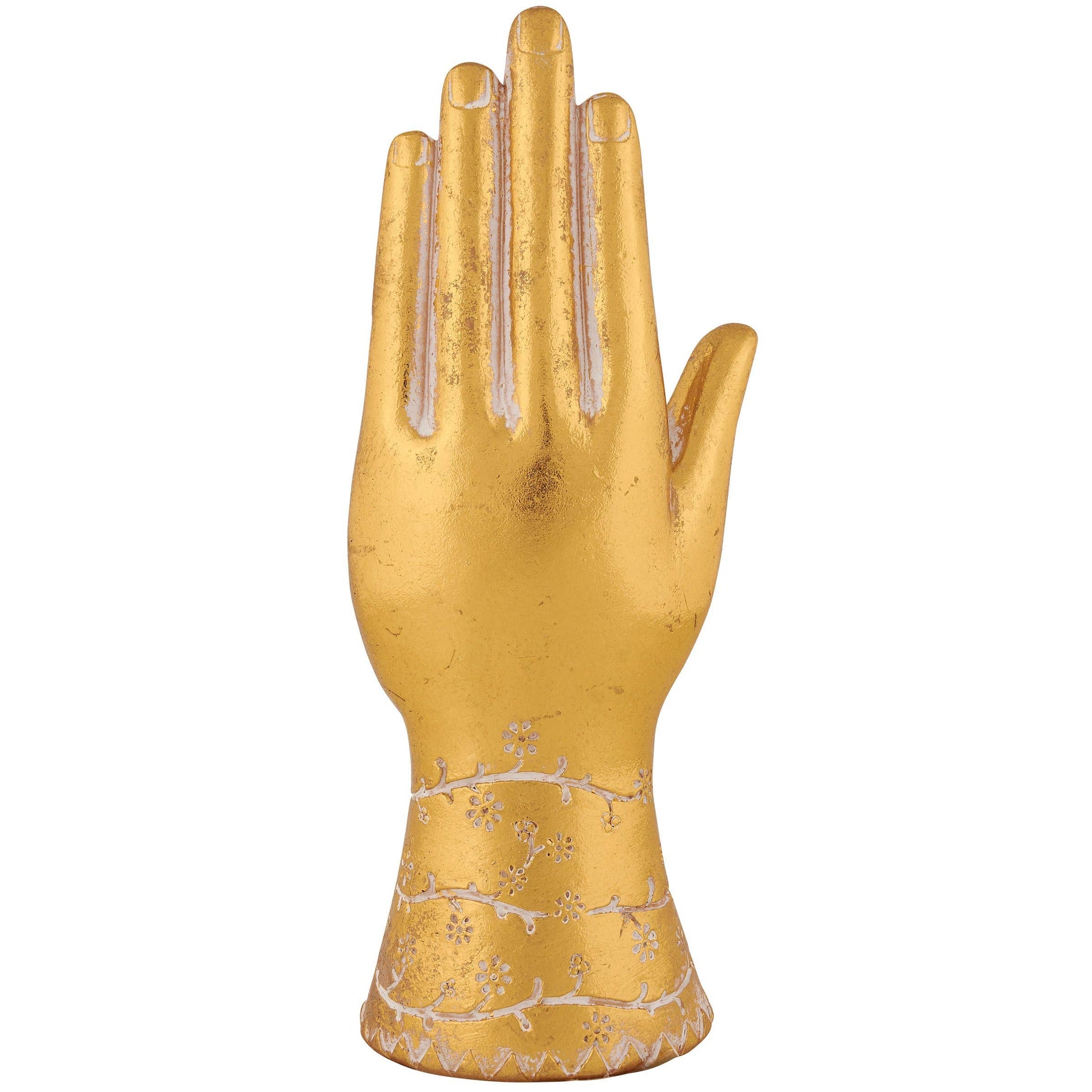 Gold decorative glove with floral patterns on a white background