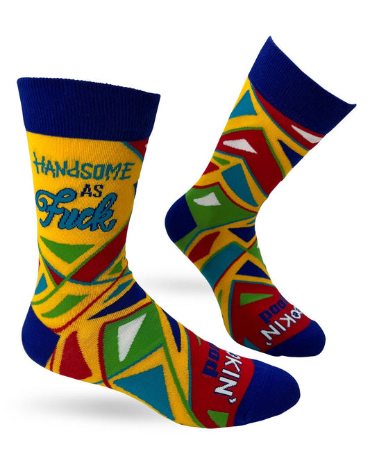 Colorful socks with geometric patterns and text on a white background