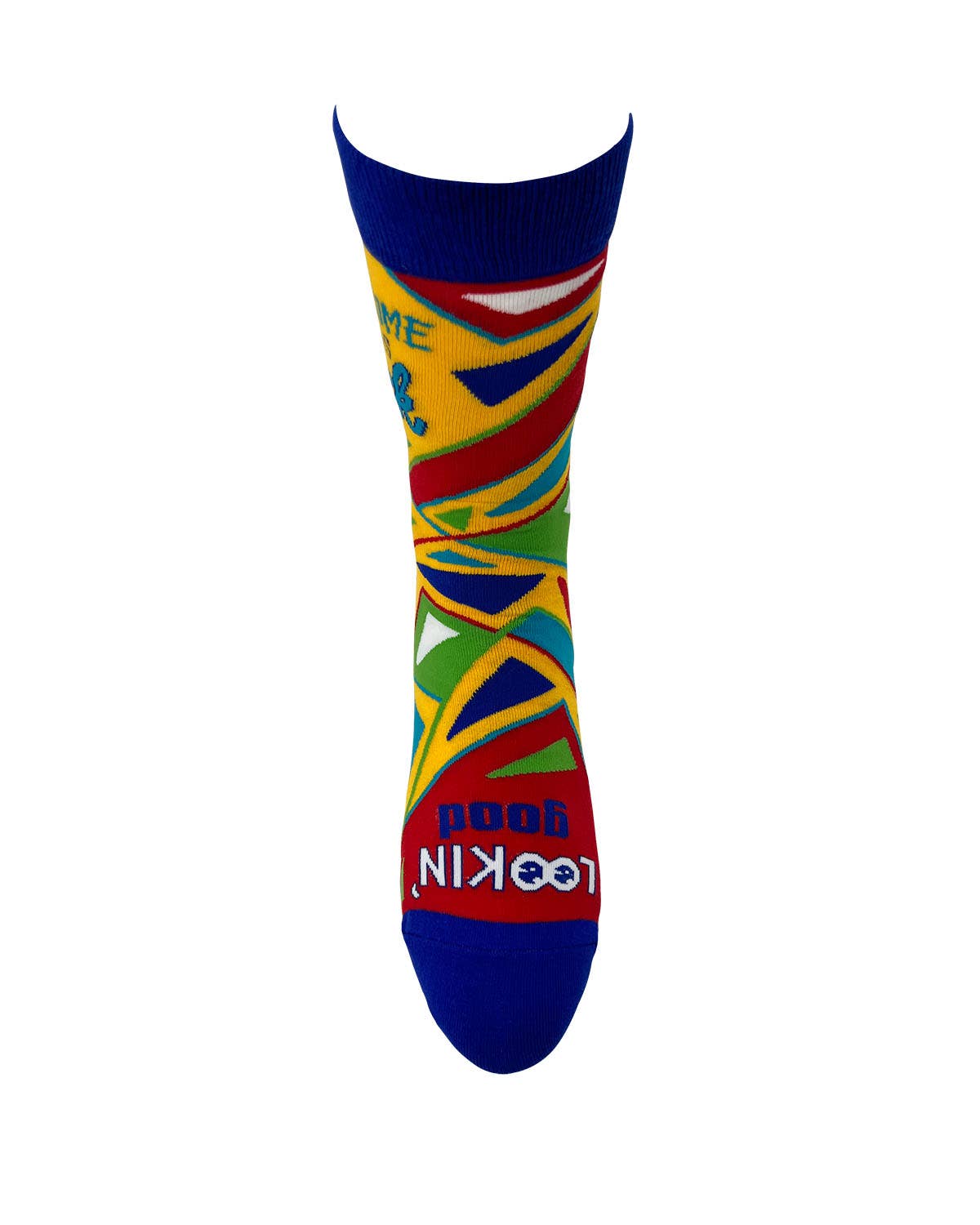 Colorful sock with geometric pattern and brand name on a white background