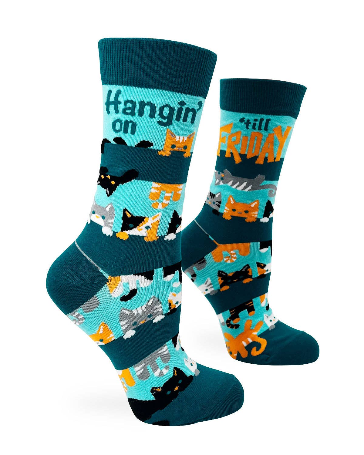 Pair of socks with cat pattern and text 'Hangin on' and 'still Friday' on a white background