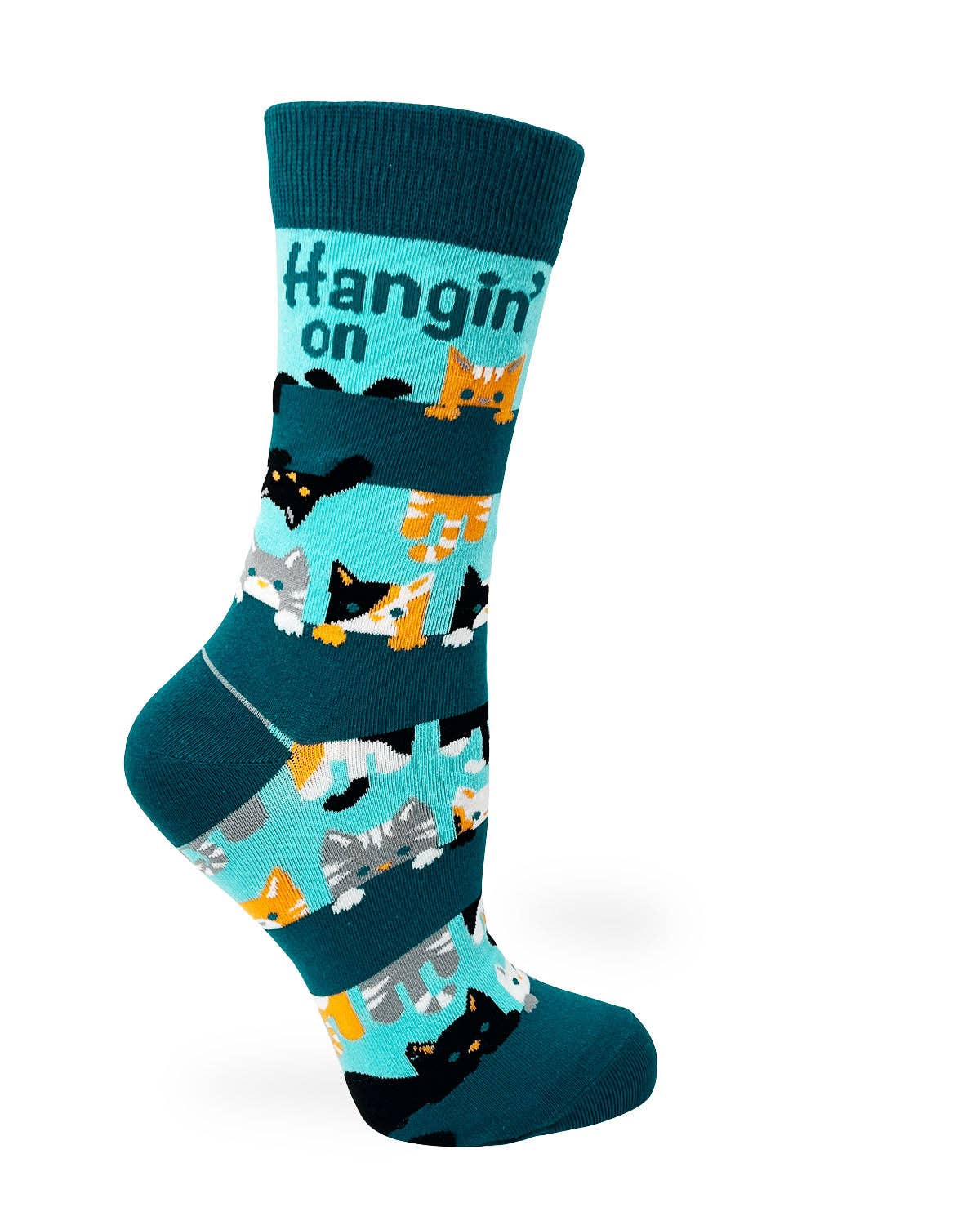 Sock with cat pattern and 'Hangin on' text on a white background