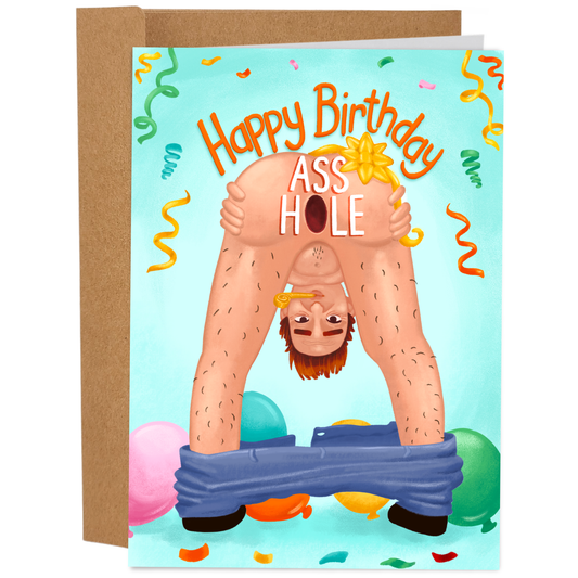 Birthday card with a humorous illustration of a man on an inflatable ring and 'Happy Birthday Ass Hole' text.