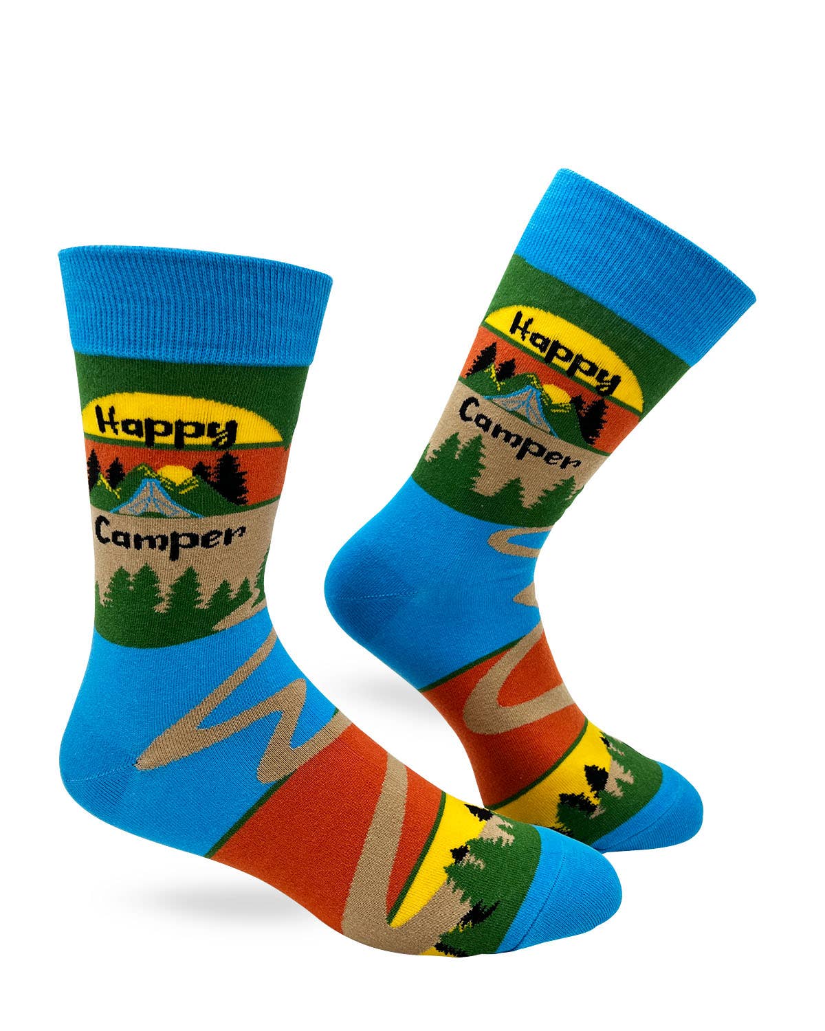 Colorful socks with 'Happy Camper' design on a white background