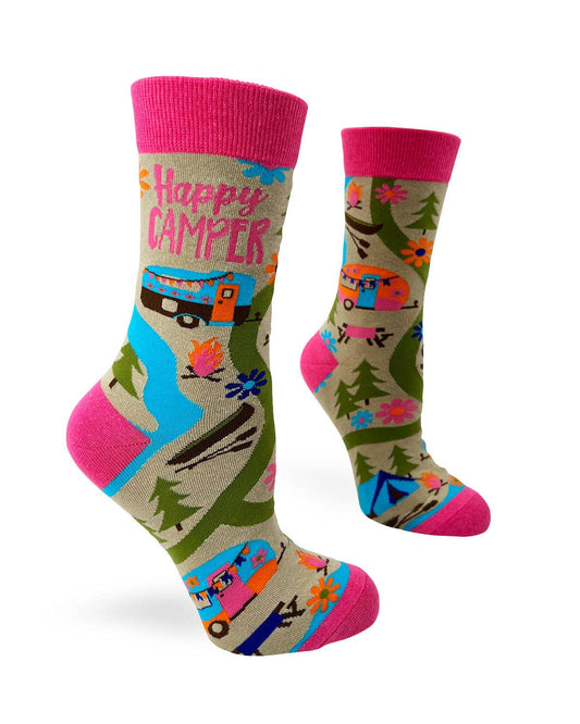 Colorful socks with 'Happy Camper' design on a white background