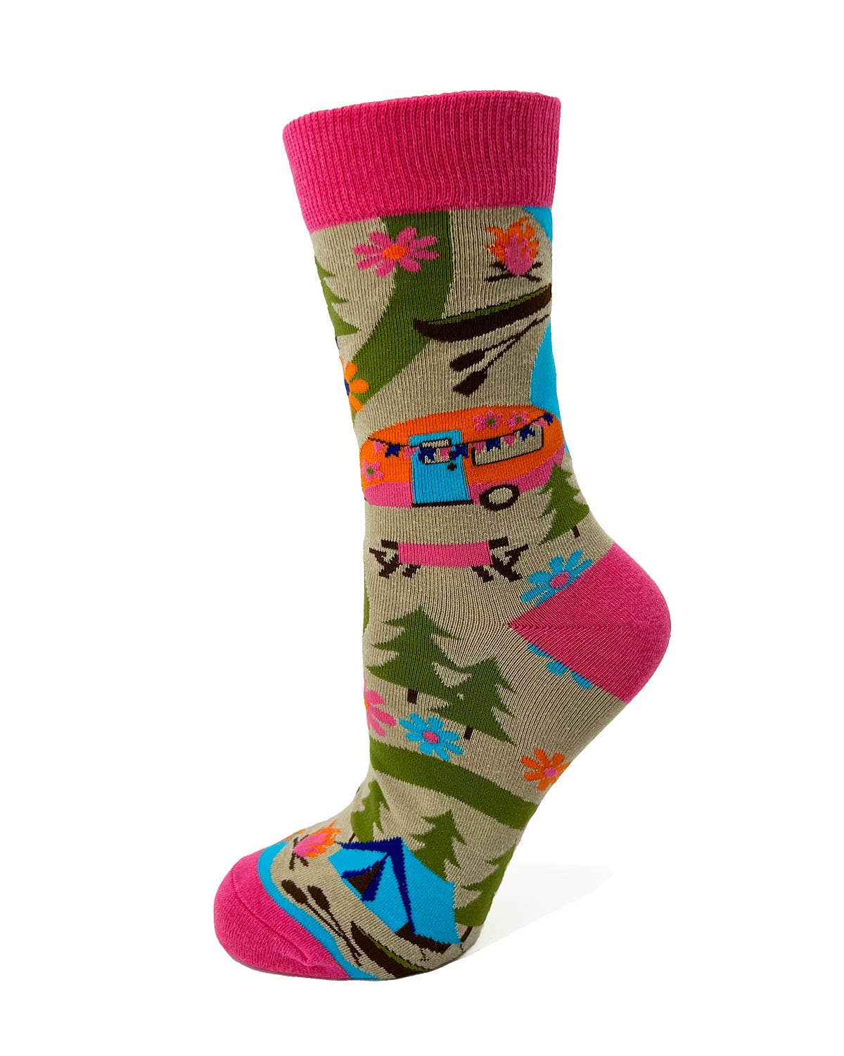 Colorful sock with camping design on a white background