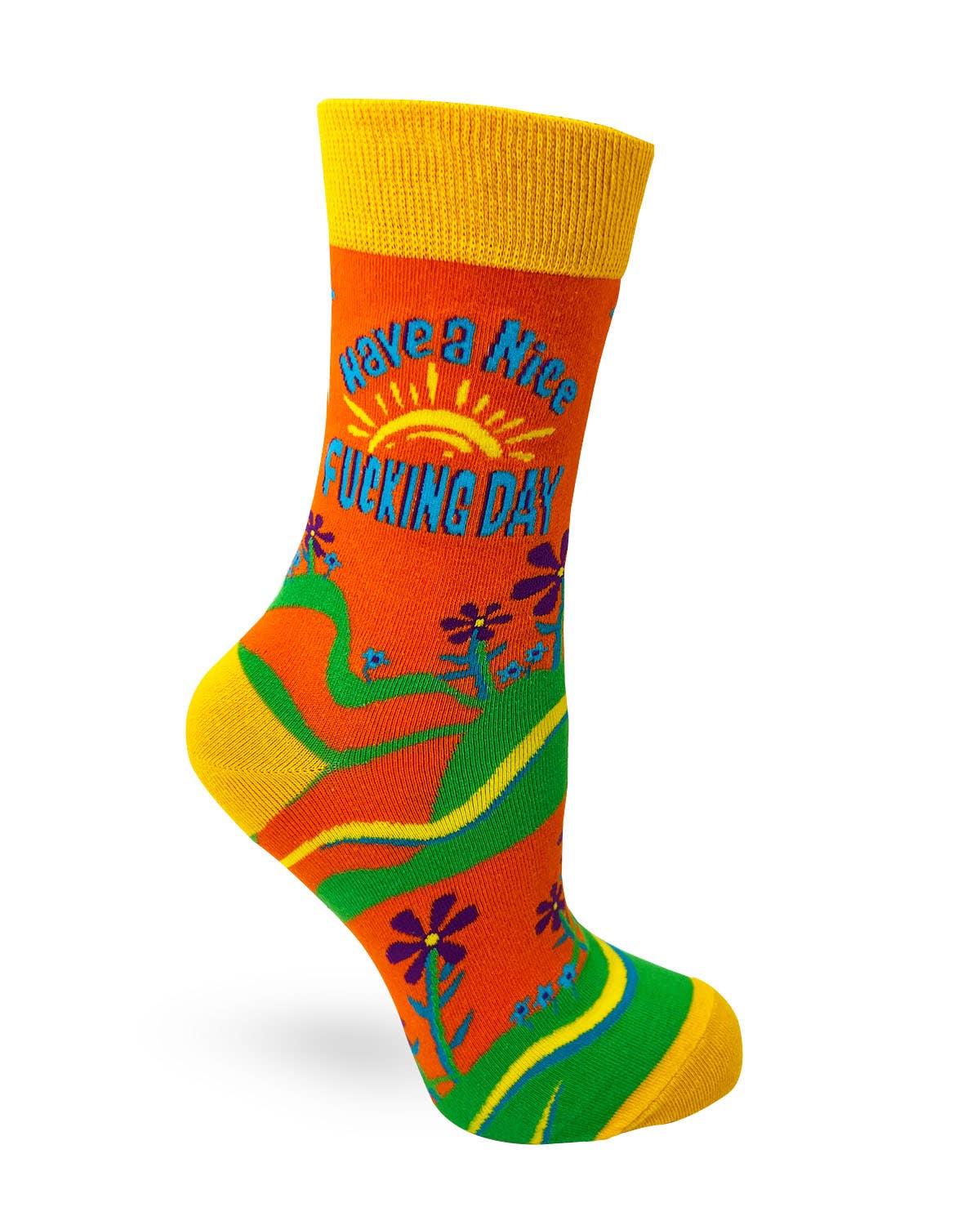 Colorful sock with text and designs on a white background