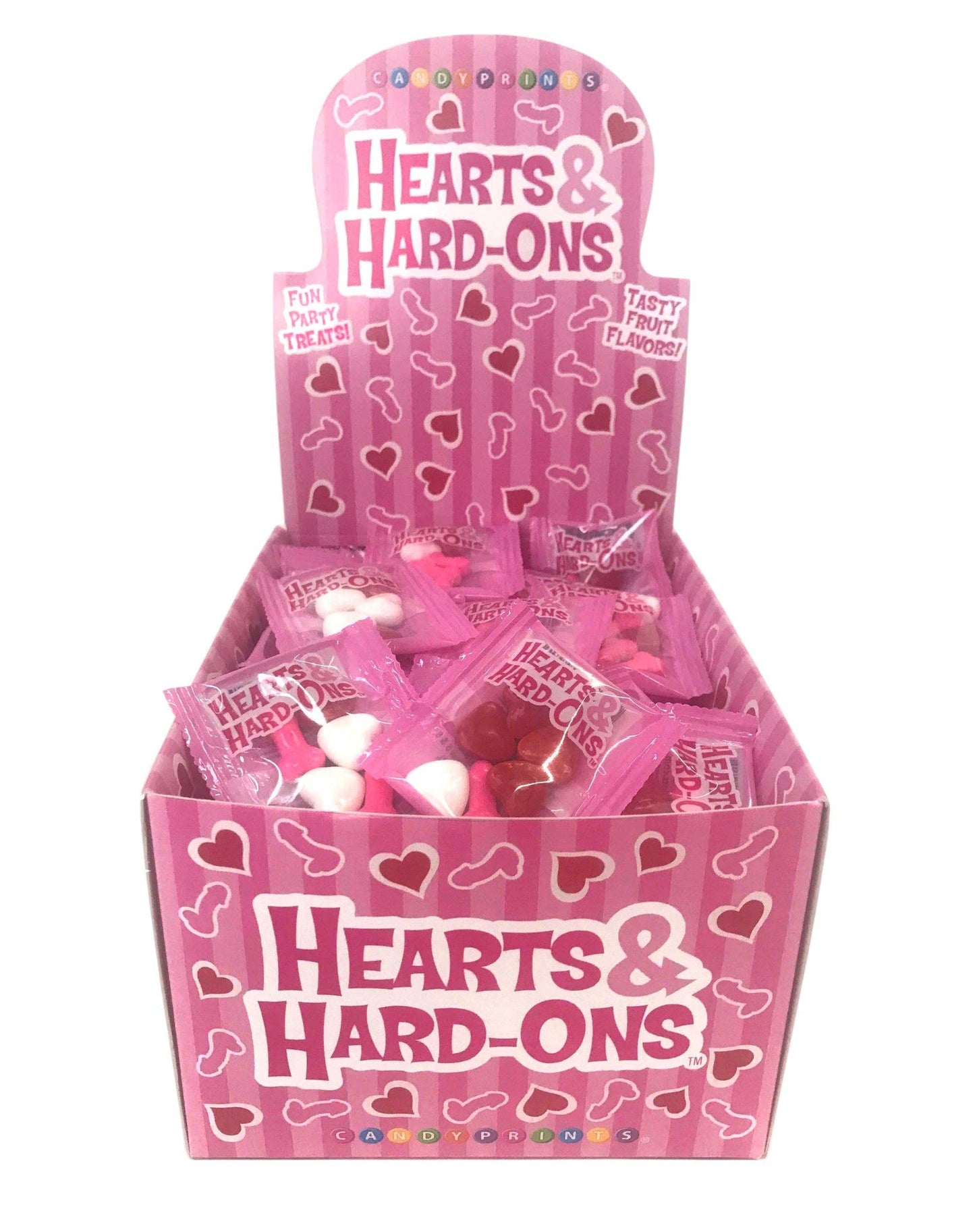 Pink packaging of 'Hearts & Hard-Ons' candy with heart designs on a white background.