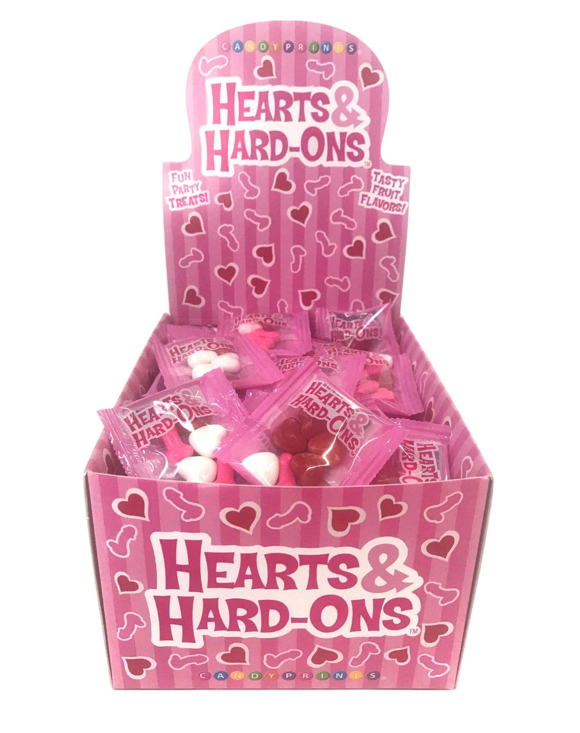 Pink packaging of 'Hearts & Hard-Ons' candy with heart designs on a white background.