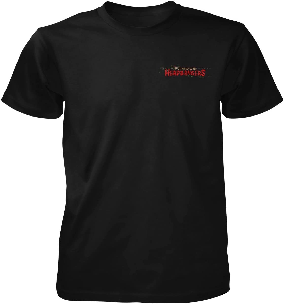 Black t-shirt with red text on a white background