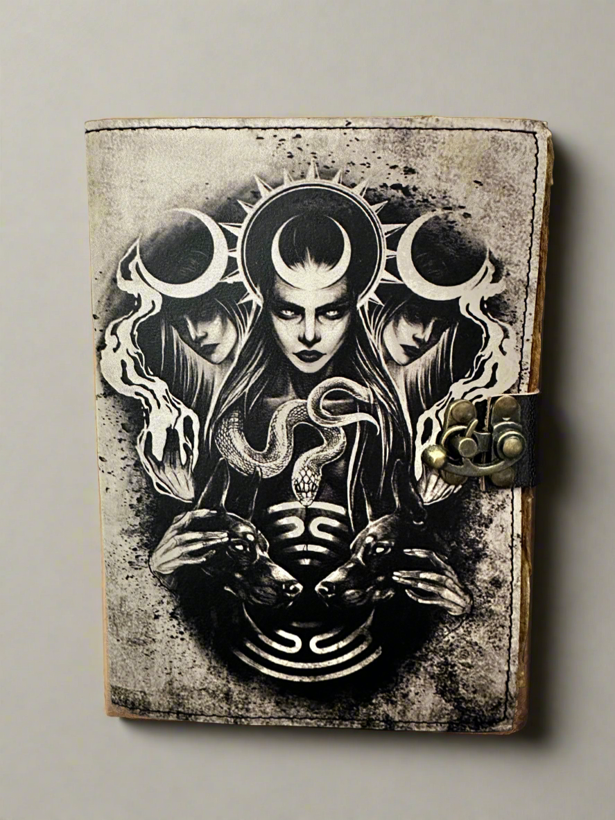 Decorative notebook with a black and white illustration of a woman holding a snake, against a gray background.