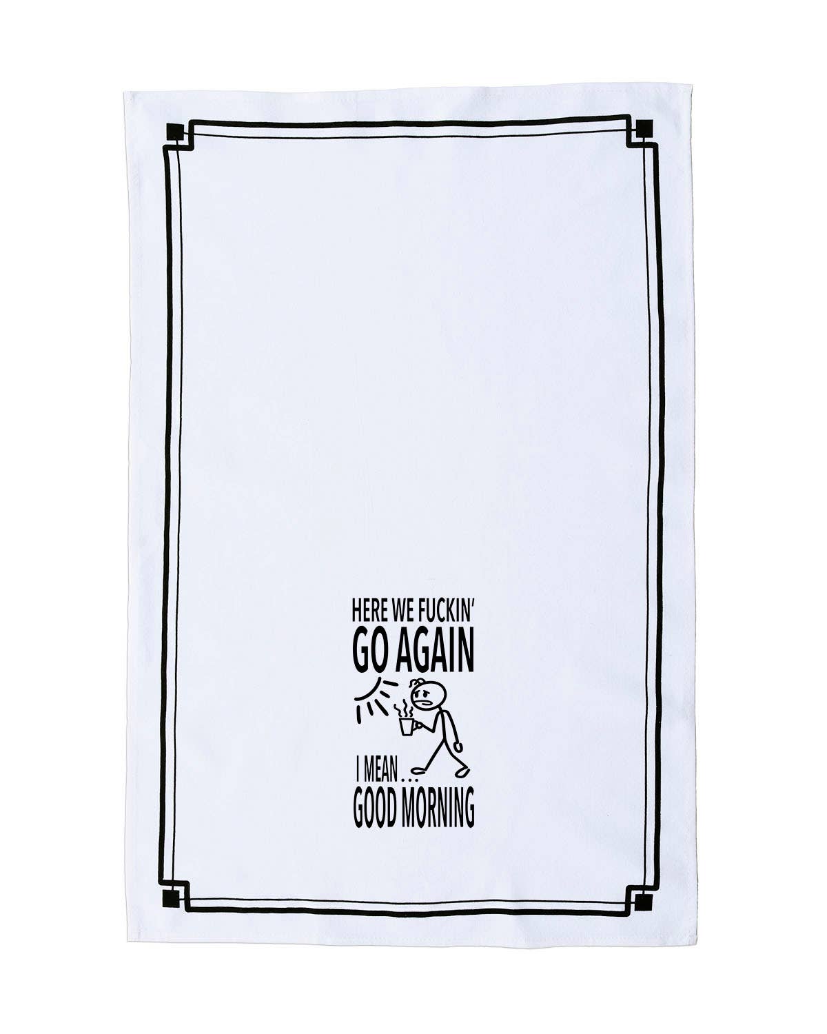 White towel with black text and graphic design on a white background