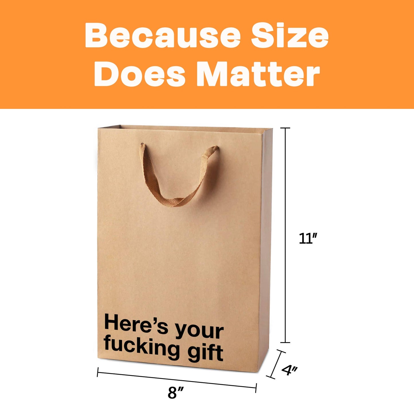 Brown gift bag with text and dimensions on an orange background