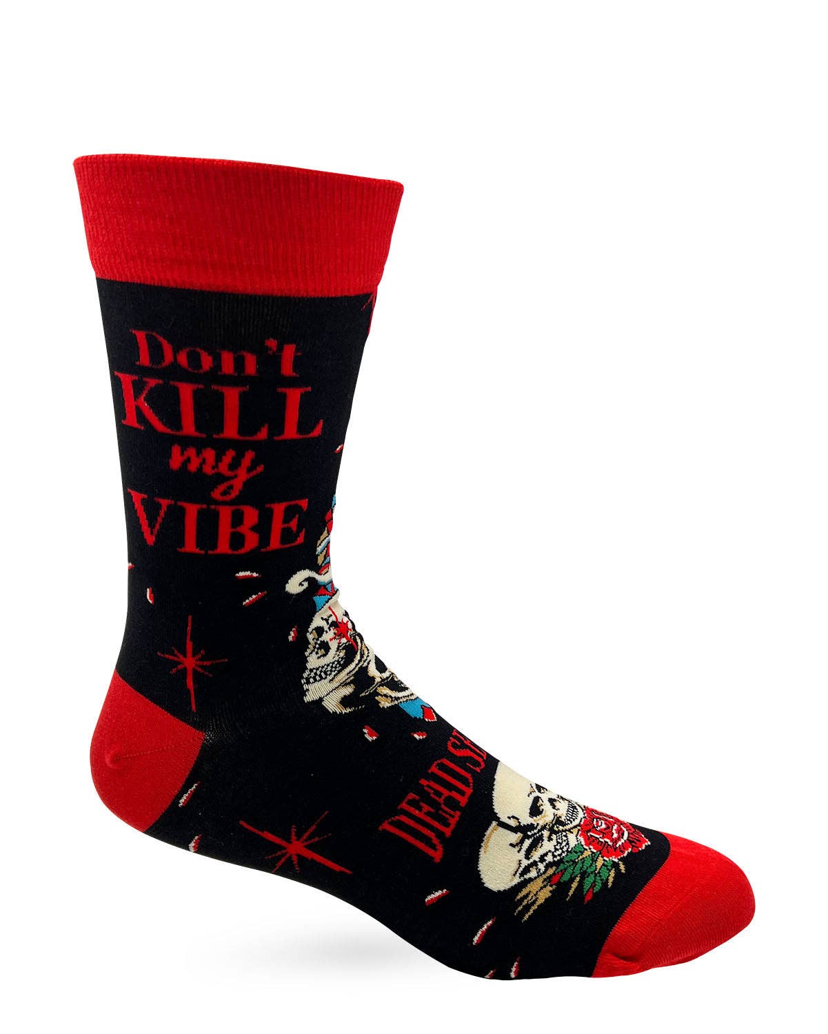 Sock with 'Don't Kill My Vibe' text and skull design on a black background