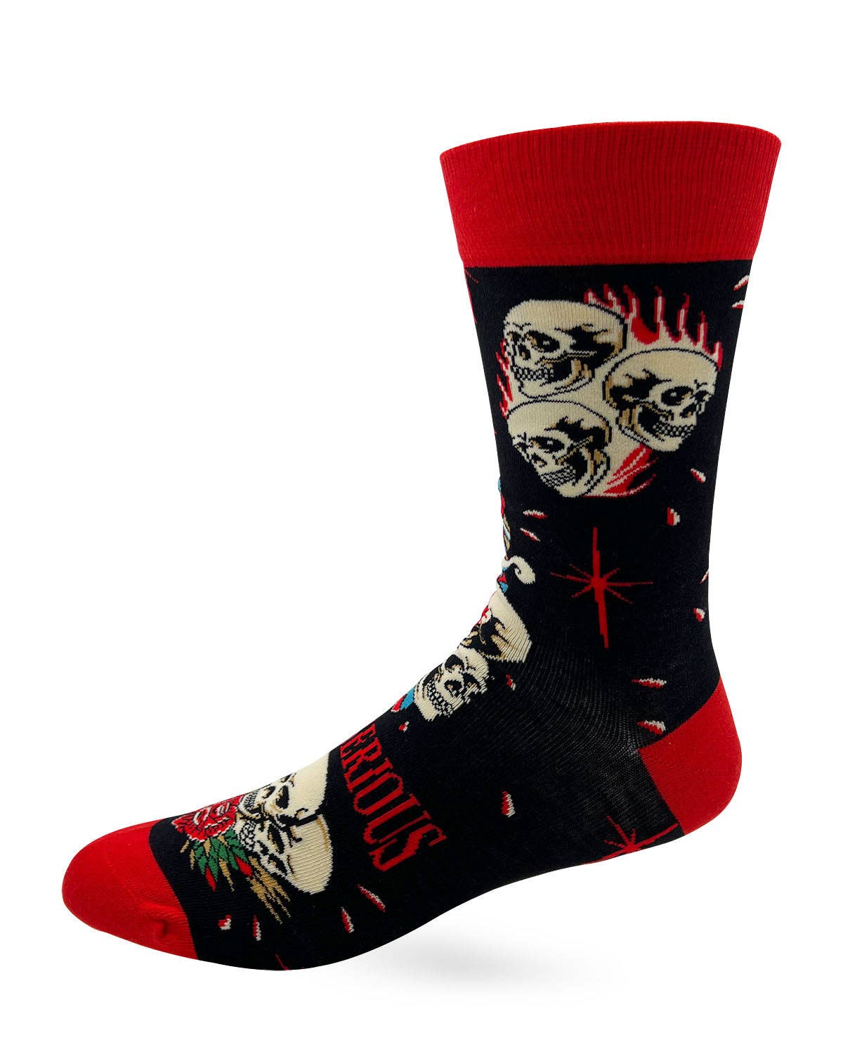 Sock with skull design and red accents on a white background