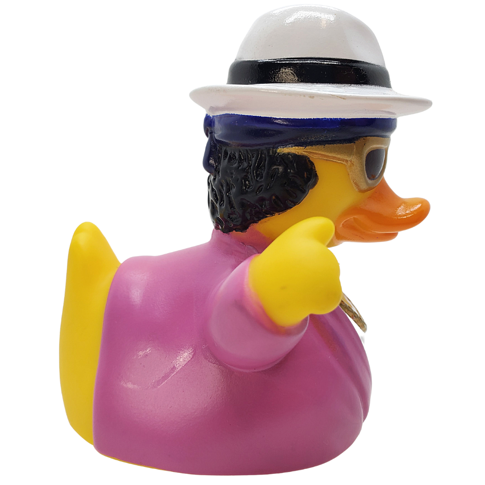Rubber duck with a pink outfit, white hat, and black mask on a white background