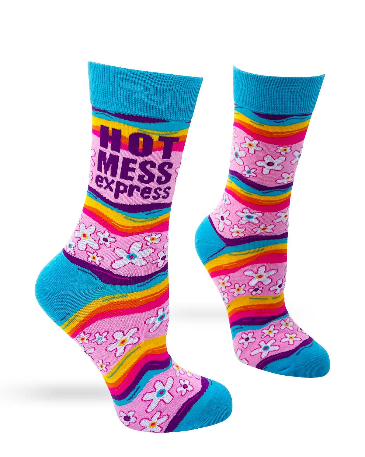 Colorful socks with floral patterns and text on a white background