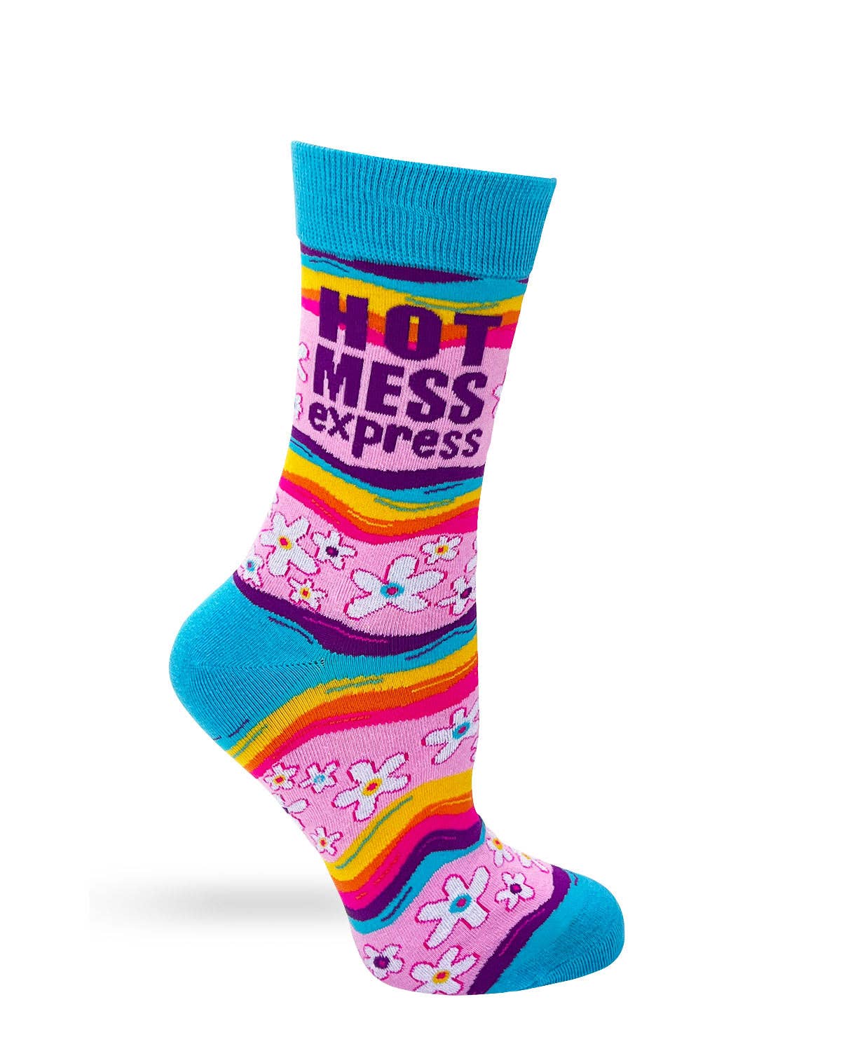 Colorful sock with 'Hot Mess Express' text and floral designs on a white background