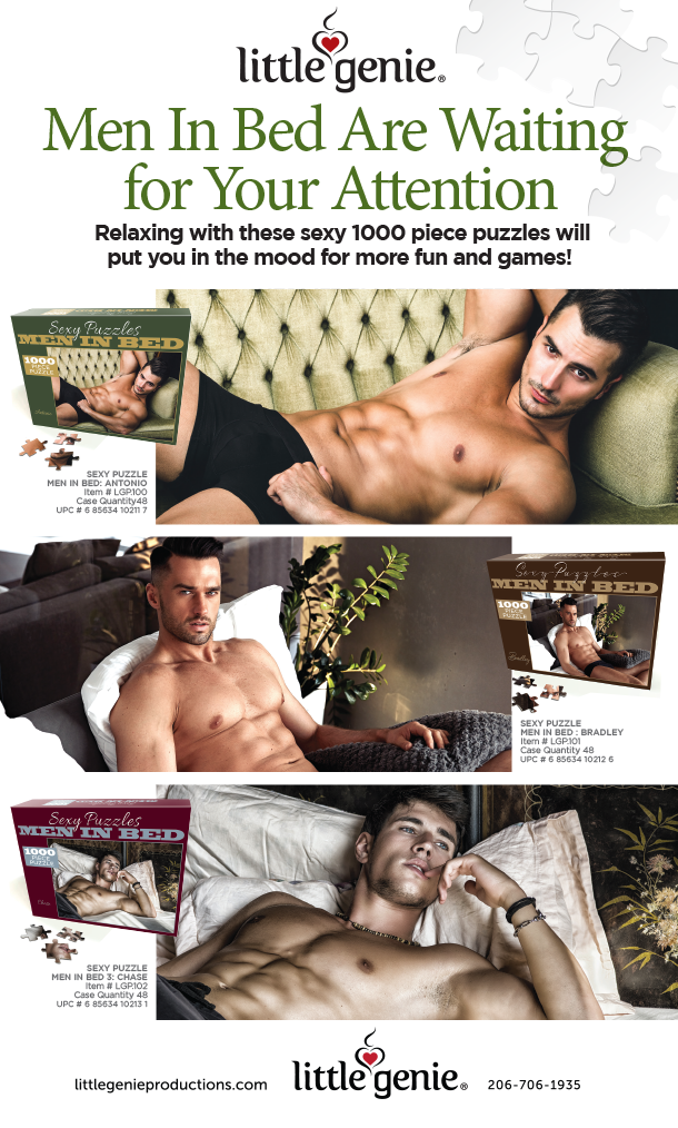 Advertisement for Little Genie puzzle set featuring men in bed, with text and contact information.