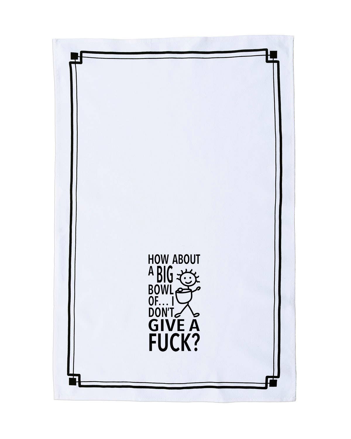 White towel with black text and graphic design on a white background